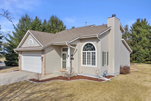 ranch-style home with a front yard, a shingled roof, a chimney, a garage, and aphalt driveway