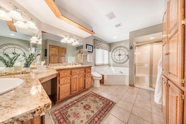 full bathroom with vanity, visible vents, tile patterned flooring, a shower stall, and a garden tub