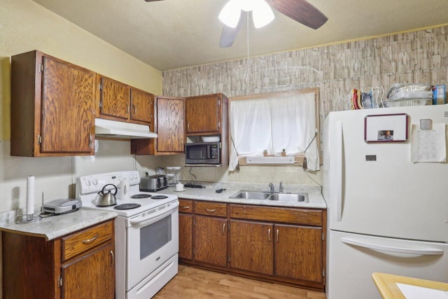 kitchen featuring under cabinet range hood, white appliances, light countertops, and a sink