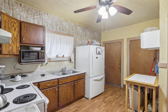 kitchen featuring white appliances, a sink, light countertops, light wood-style floors, and brown cabinets