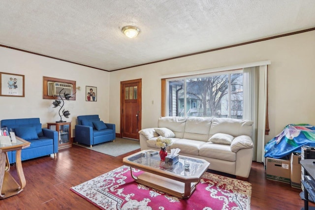 living area featuring a textured ceiling, an AC wall unit, wood finished floors, and crown molding