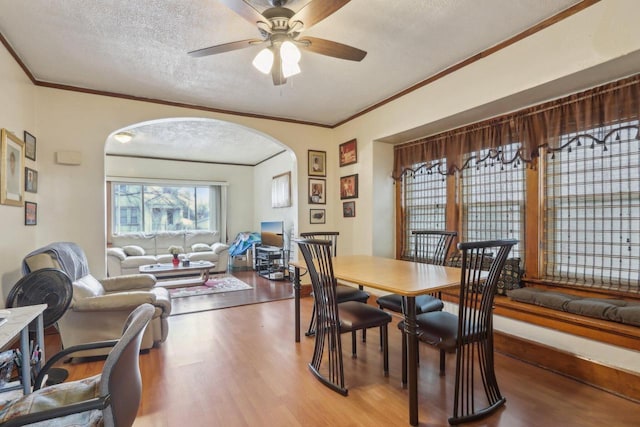 dining room featuring crown molding, ceiling fan, wood finished floors, arched walkways, and a textured ceiling