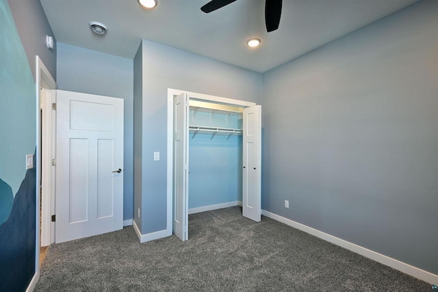 unfurnished bedroom featuring visible vents, baseboards, recessed lighting, a closet, and dark colored carpet