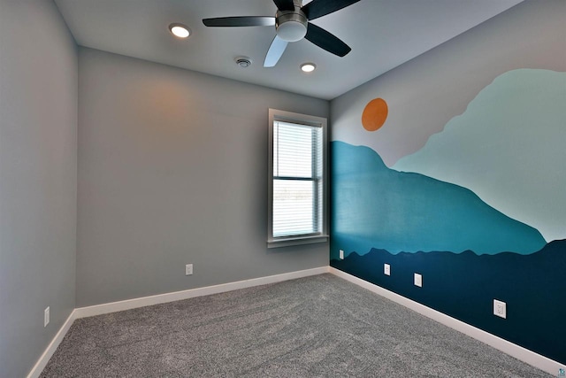 empty room with recessed lighting, ceiling fan, baseboards, and carpet