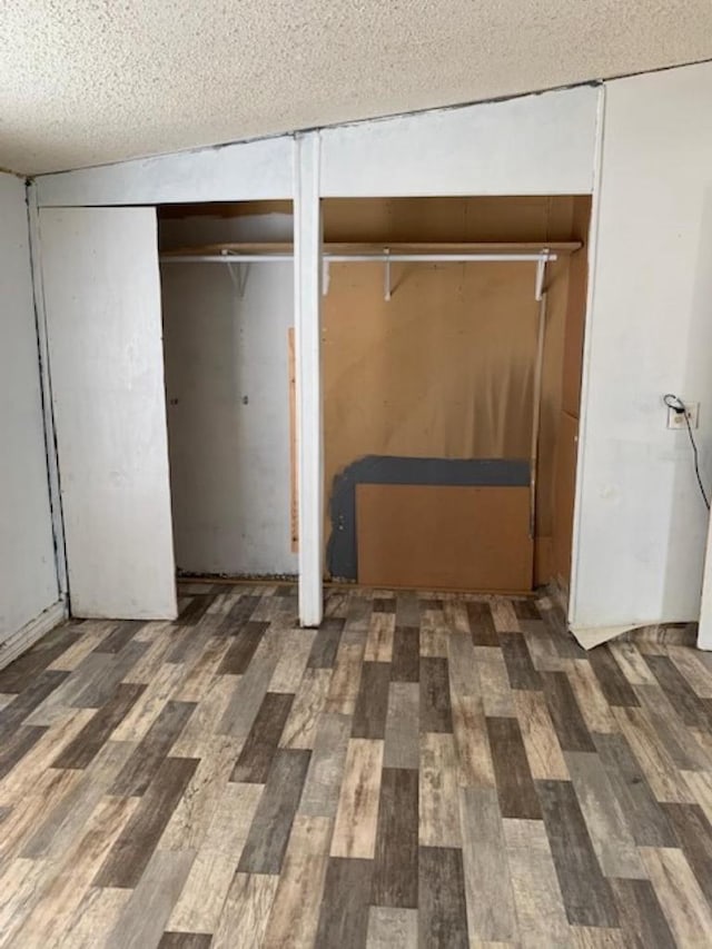 interior space featuring wood finished floors, two closets, and a textured ceiling