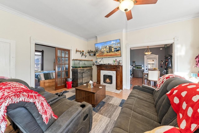 living area featuring ceiling fan, a premium fireplace, wood finished floors, and crown molding