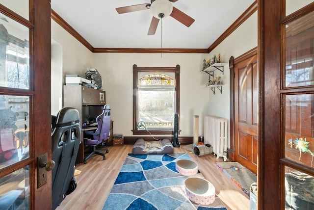 office space with crown molding, radiator heating unit, and light wood finished floors