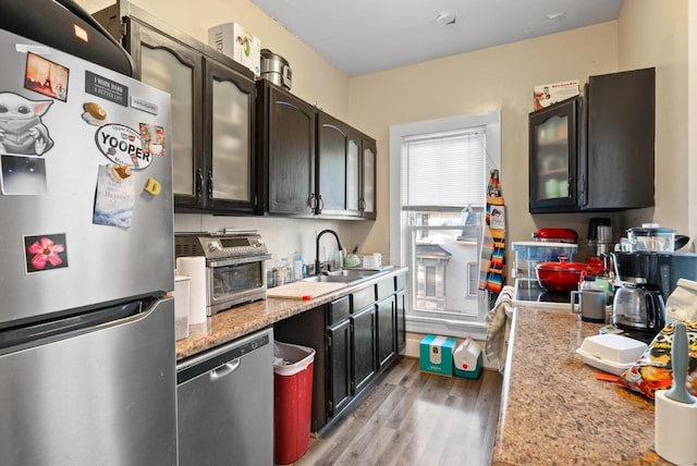 kitchen featuring a sink, glass insert cabinets, wood finished floors, and stainless steel appliances