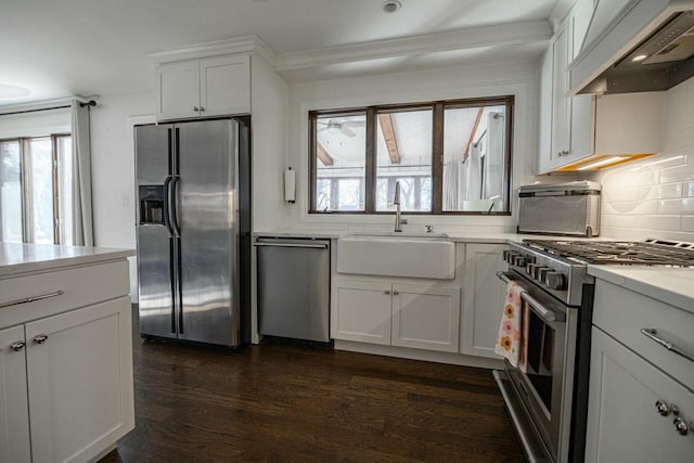 kitchen with dark wood-type flooring, premium range hood, decorative backsplash, stainless steel appliances, and a sink