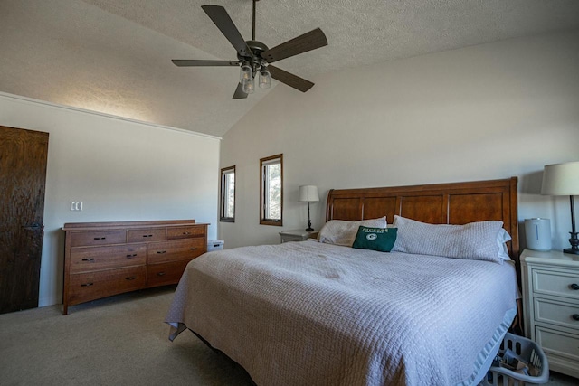 bedroom featuring light colored carpet, a textured ceiling, a ceiling fan, and vaulted ceiling