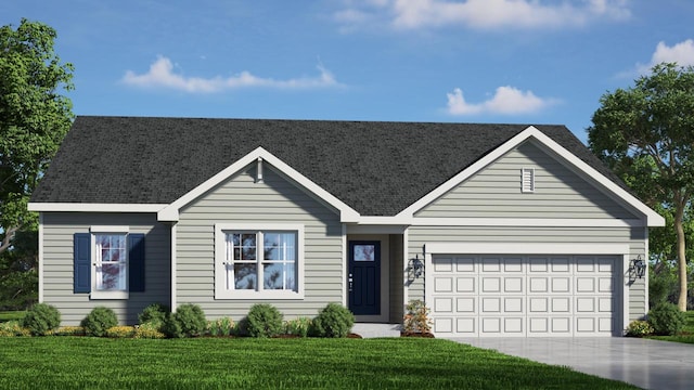 ranch-style house with concrete driveway, a garage, a front yard, and roof with shingles