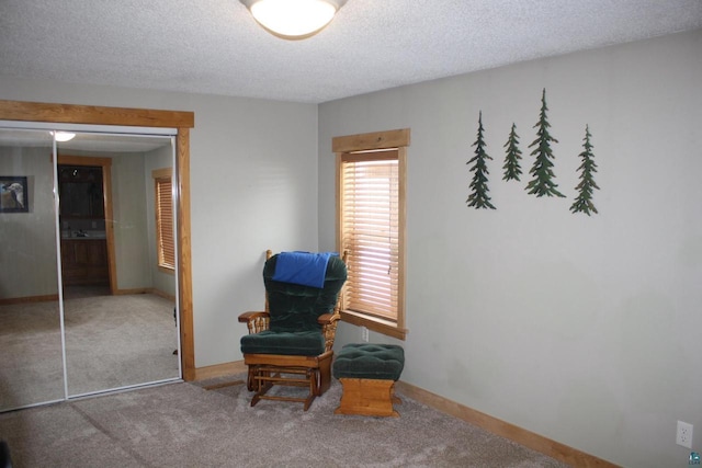 living area with baseboards, carpet floors, and a textured ceiling