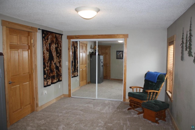 bedroom featuring a closet, baseboards, light colored carpet, and a textured ceiling