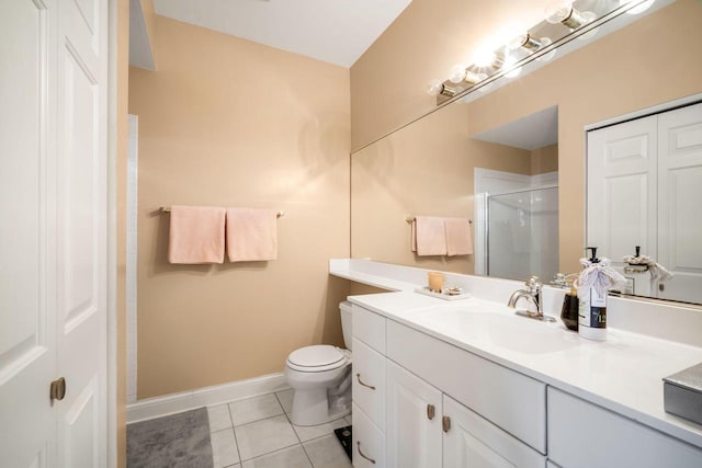 bathroom with tile patterned flooring, a shower stall, toilet, and vanity