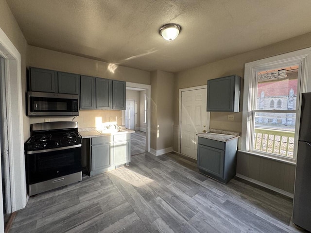 kitchen featuring appliances with stainless steel finishes, light wood-type flooring, light countertops, and gray cabinetry