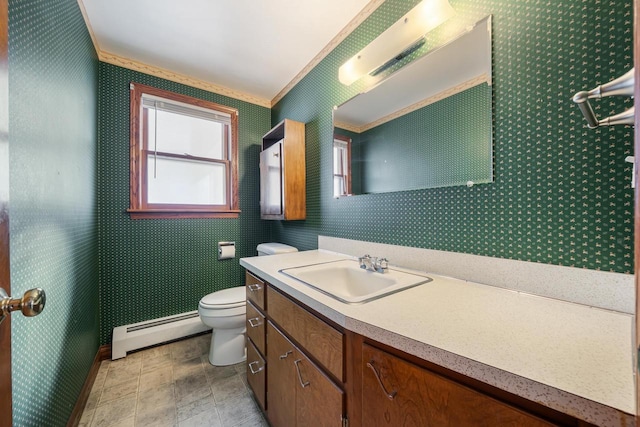 bathroom with wallpapered walls, toilet, and a baseboard heating unit