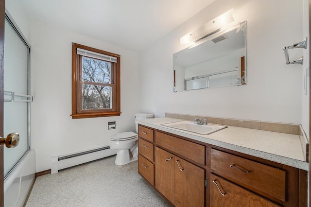 full bathroom featuring visible vents, a baseboard heating unit, toilet, enclosed tub / shower combo, and vanity