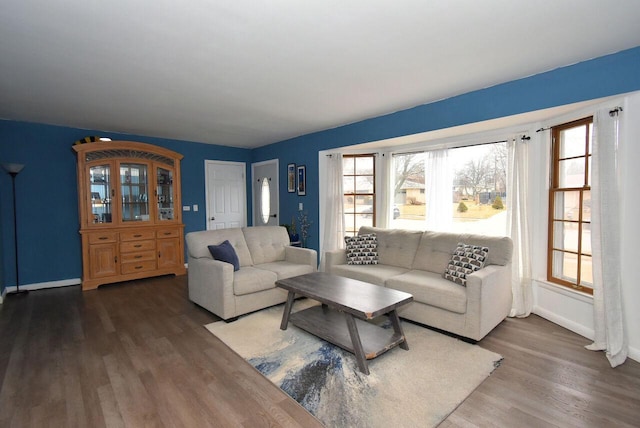 living room with baseboards and wood finished floors