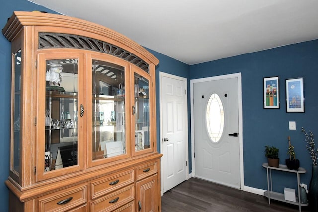 foyer with dark wood finished floors and baseboards