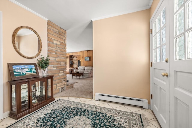 foyer featuring baseboards, ornamental molding, light tile patterned floors, baseboard heating, and light carpet