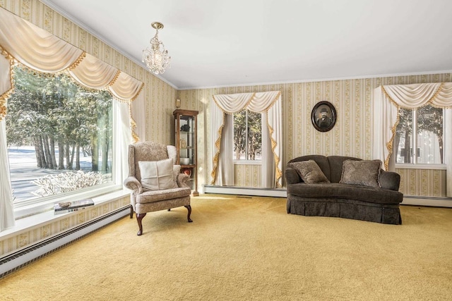 living area with a baseboard radiator, carpet floors, and wallpapered walls