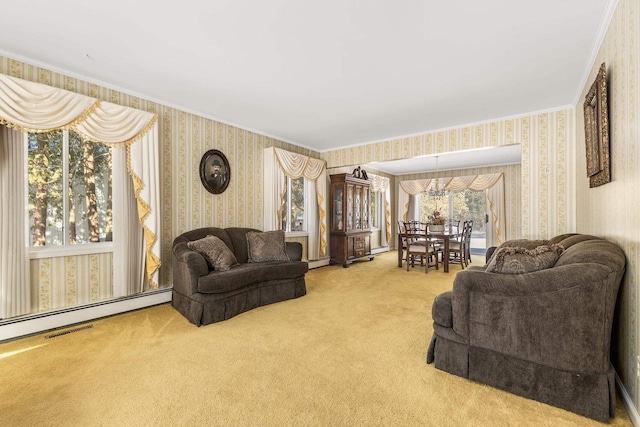 living room featuring wallpapered walls, crown molding, baseboard heating, and carpet floors