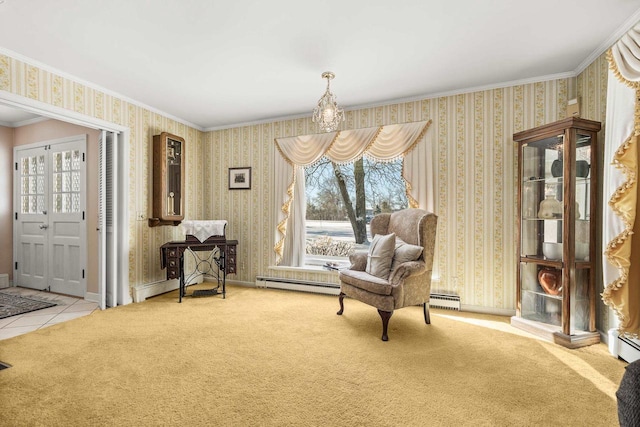 sitting room with carpet, a healthy amount of sunlight, ornamental molding, and wallpapered walls