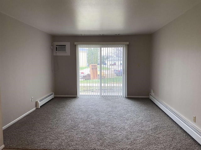 unfurnished room with carpet, baseboards, a wall mounted air conditioner, and a baseboard radiator