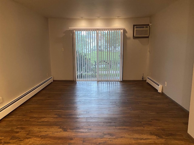 unfurnished room featuring a wall mounted AC, wood finished floors, baseboard heating, and a baseboard radiator