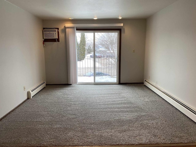 carpeted empty room featuring a baseboard heating unit, baseboards, and a wall mounted AC