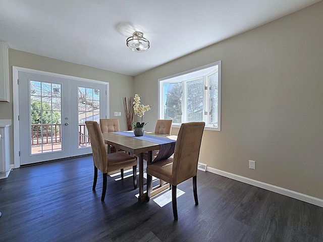 dining area featuring dark wood-style floors, french doors, and baseboards