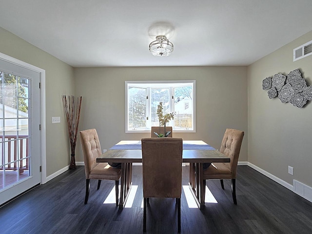 dining room with visible vents, baseboards, and dark wood-style flooring