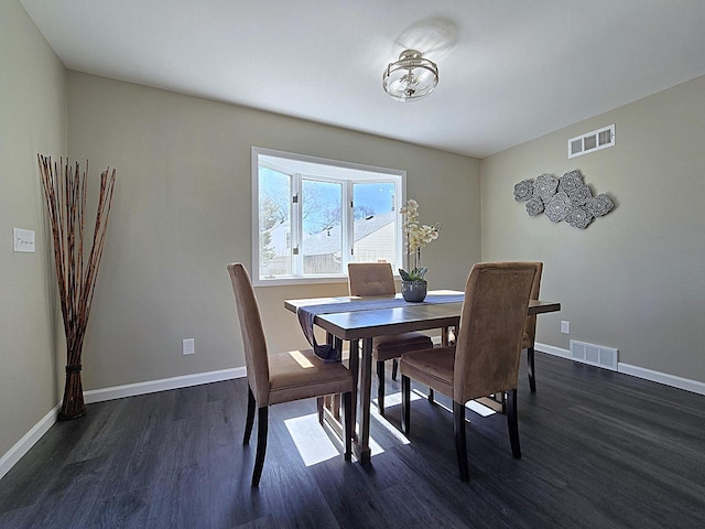 dining space with visible vents, baseboards, and dark wood-type flooring