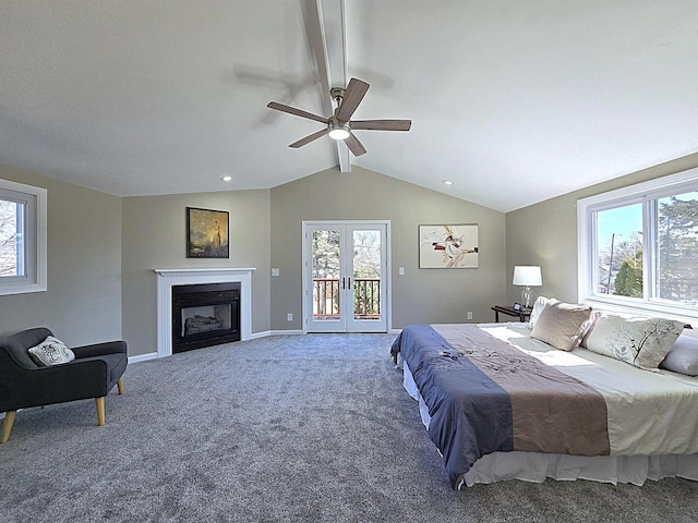 carpeted bedroom with baseboards, lofted ceiling with beams, french doors, a fireplace, and access to outside