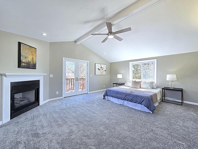 bedroom featuring french doors, carpet floors, baseboards, access to exterior, and vaulted ceiling with beams