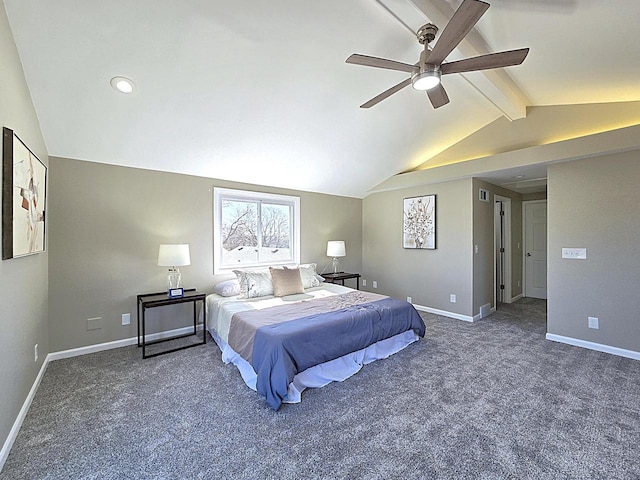 carpeted bedroom with vaulted ceiling with beams, baseboards, and ceiling fan