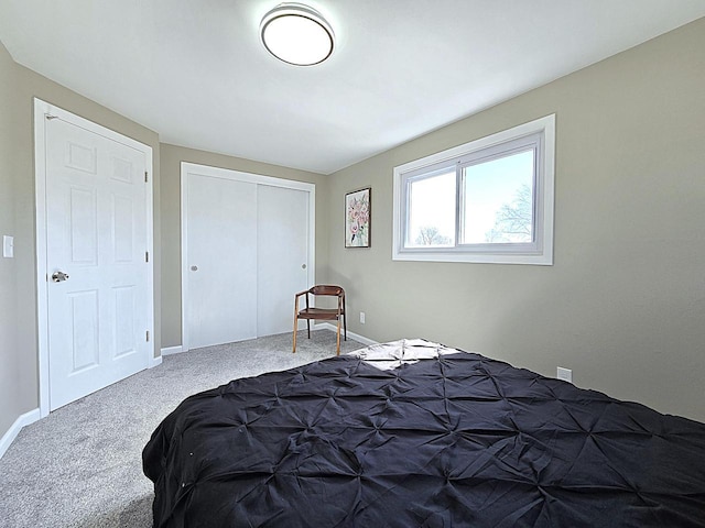 carpeted bedroom featuring baseboards and a closet