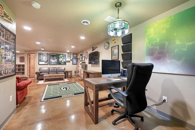 office space featuring recessed lighting, visible vents, concrete flooring, and baseboards