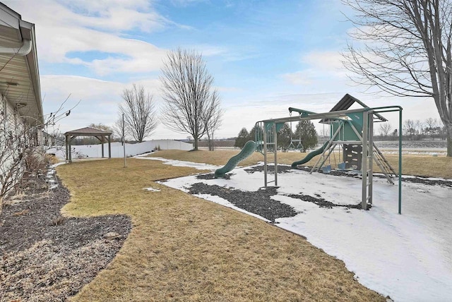 community jungle gym with a gazebo and a yard