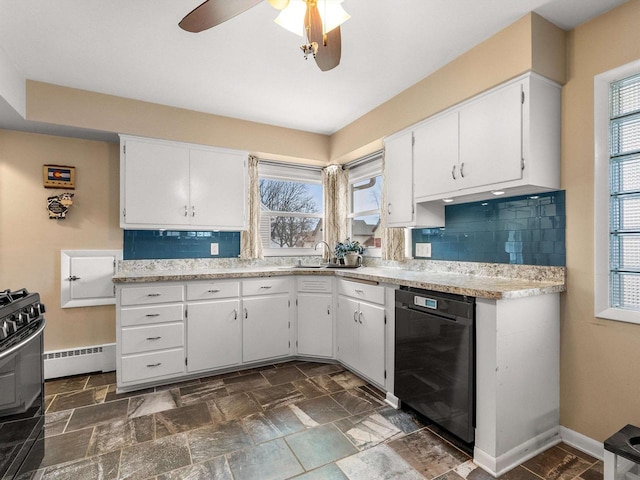 kitchen featuring black appliances, a sink, a baseboard heating unit, backsplash, and white cabinetry