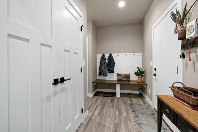 mudroom featuring baseboards and wood finished floors