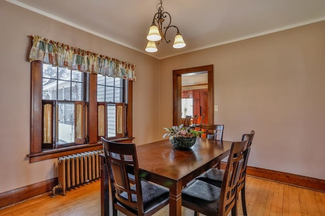 dining area featuring a healthy amount of sunlight, radiator, baseboards, and light wood-style floors