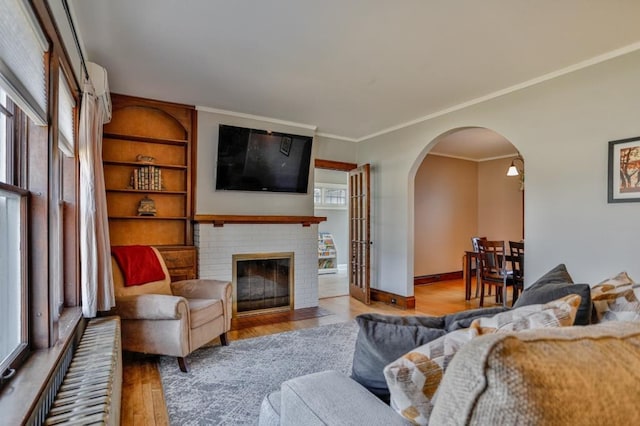 living area featuring baseboards, ornamental molding, a fireplace, wood finished floors, and arched walkways