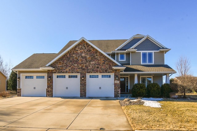 craftsman-style house with driveway, stone siding, a porch, a shingled roof, and a garage