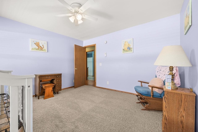 bedroom featuring baseboards, carpet floors, and ceiling fan