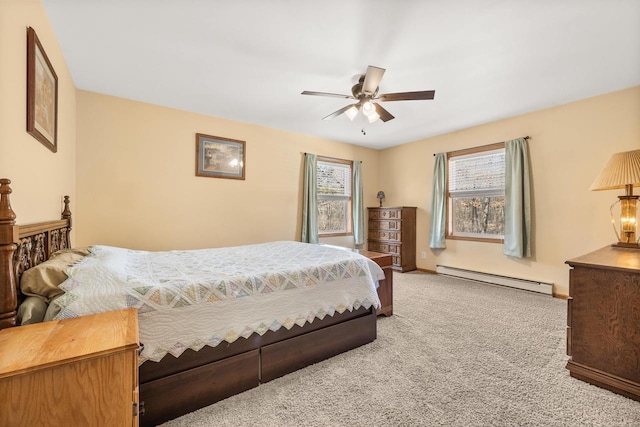 carpeted bedroom with a ceiling fan and a baseboard radiator