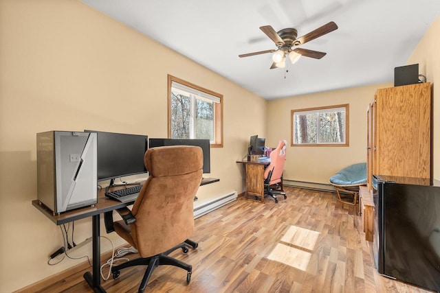 office area with a wealth of natural light, light wood-type flooring, and ceiling fan