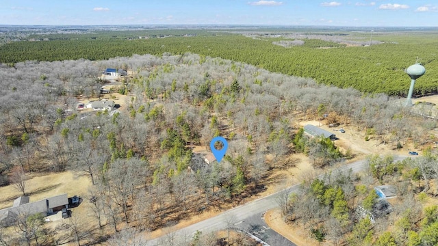 aerial view featuring a wooded view