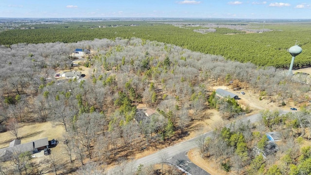 bird's eye view with a wooded view