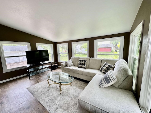 living area featuring vaulted ceiling and wood finished floors